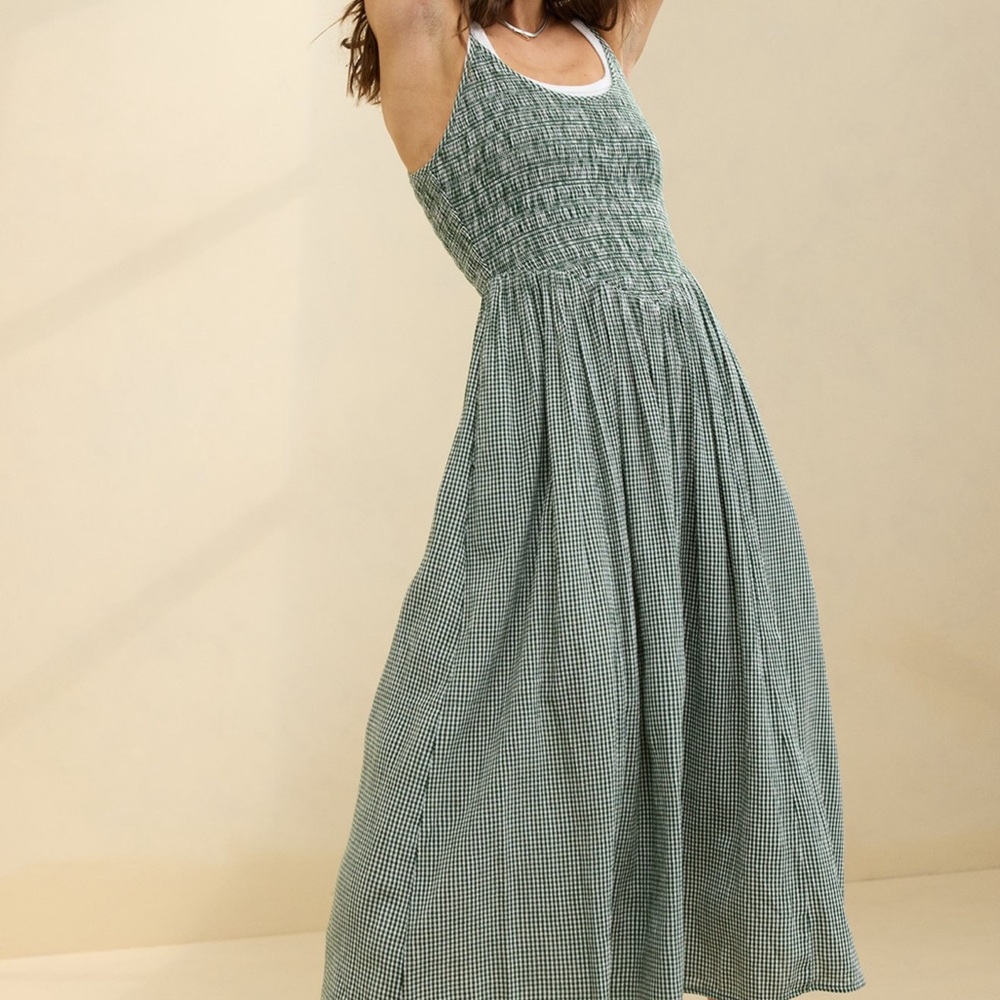 Aerie at the Barre Midi Dress Smocked Gingham Sage Green